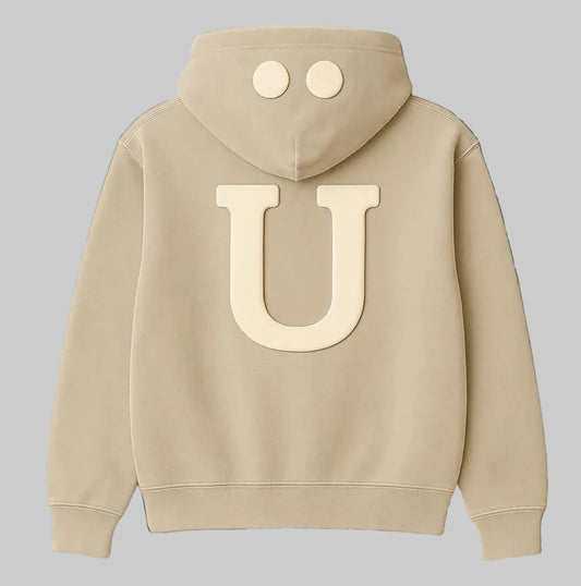 Beige hoodie with a large 'U' logo on the back against a gray background